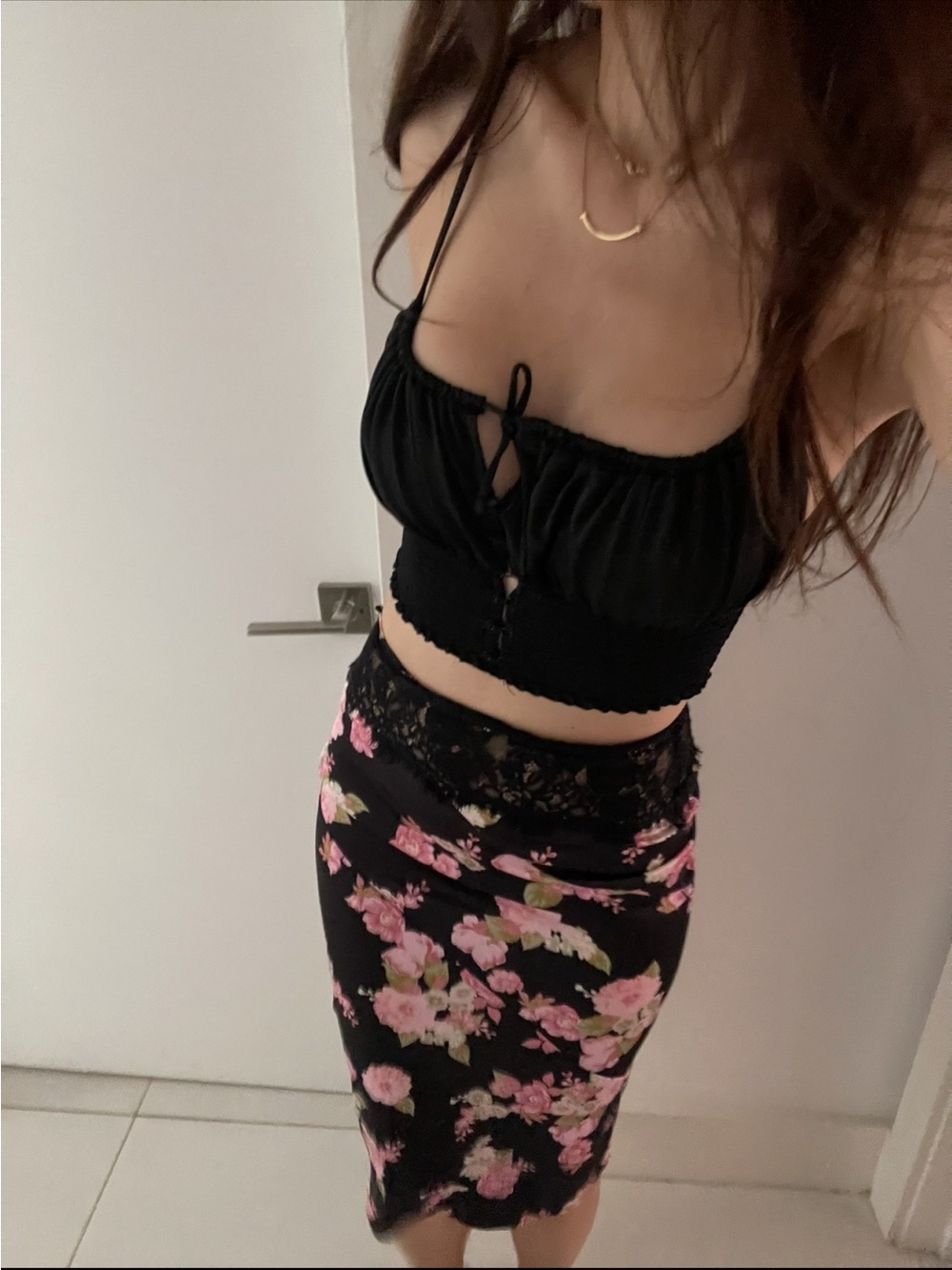 For love and lemons Satin Black & pink floral midi skirt